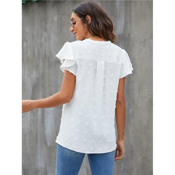 Womens White Blouse V Neck Ruffle Sleeve Flowy Shirts Dressy Casual Summer Tops - Picture 2 of 6